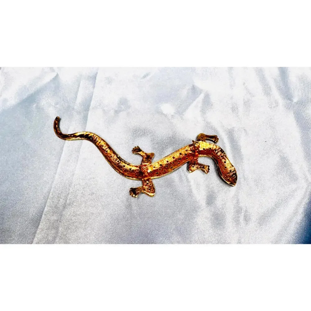 Gold Tone Crystal Salamander Brooch